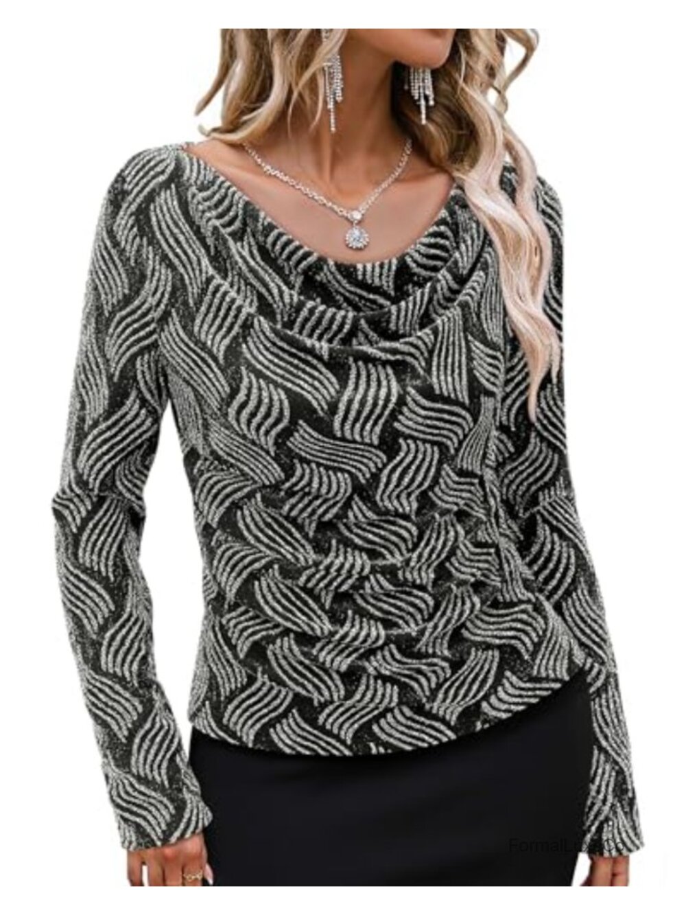 Cowl Neck Long Sleeve Stretchy Sequin Top Glitter Evening Party